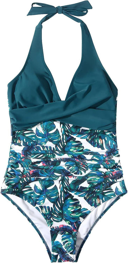 Badeanzug Neckholder V-Ausschnitt Aufdruck Damen