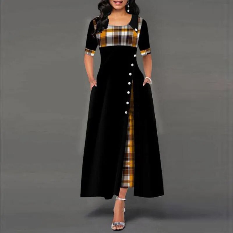 Kariertes Kleid Damen Halbärmlig Elegent
