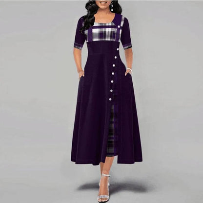 Kariertes Kleid Damen Halbärmlig Elegent