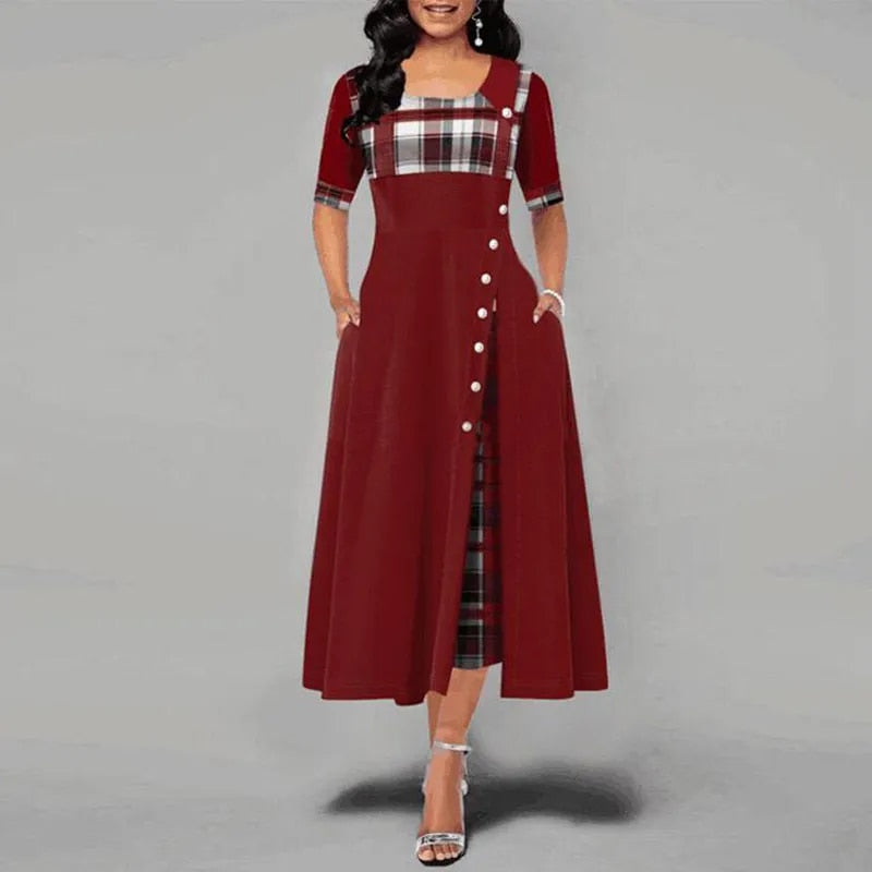 Kariertes Kleid Damen Halbärmlig Elegent