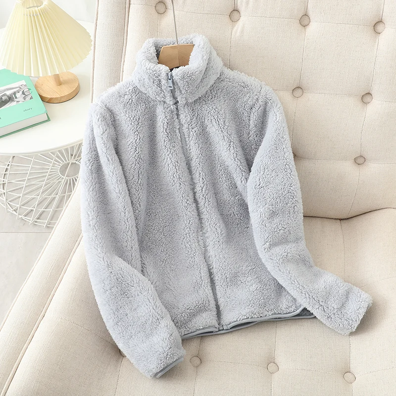 Damen Teddyjacke Weich Reißverschluss Hocher Kragen
