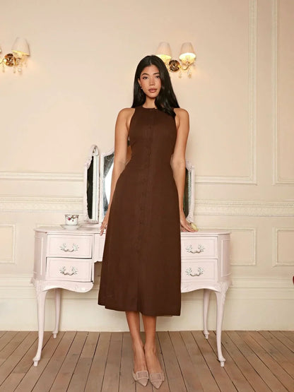 Braunes Leinenkleid Ärmellos Damen Midikleid Figurbetonter Stil