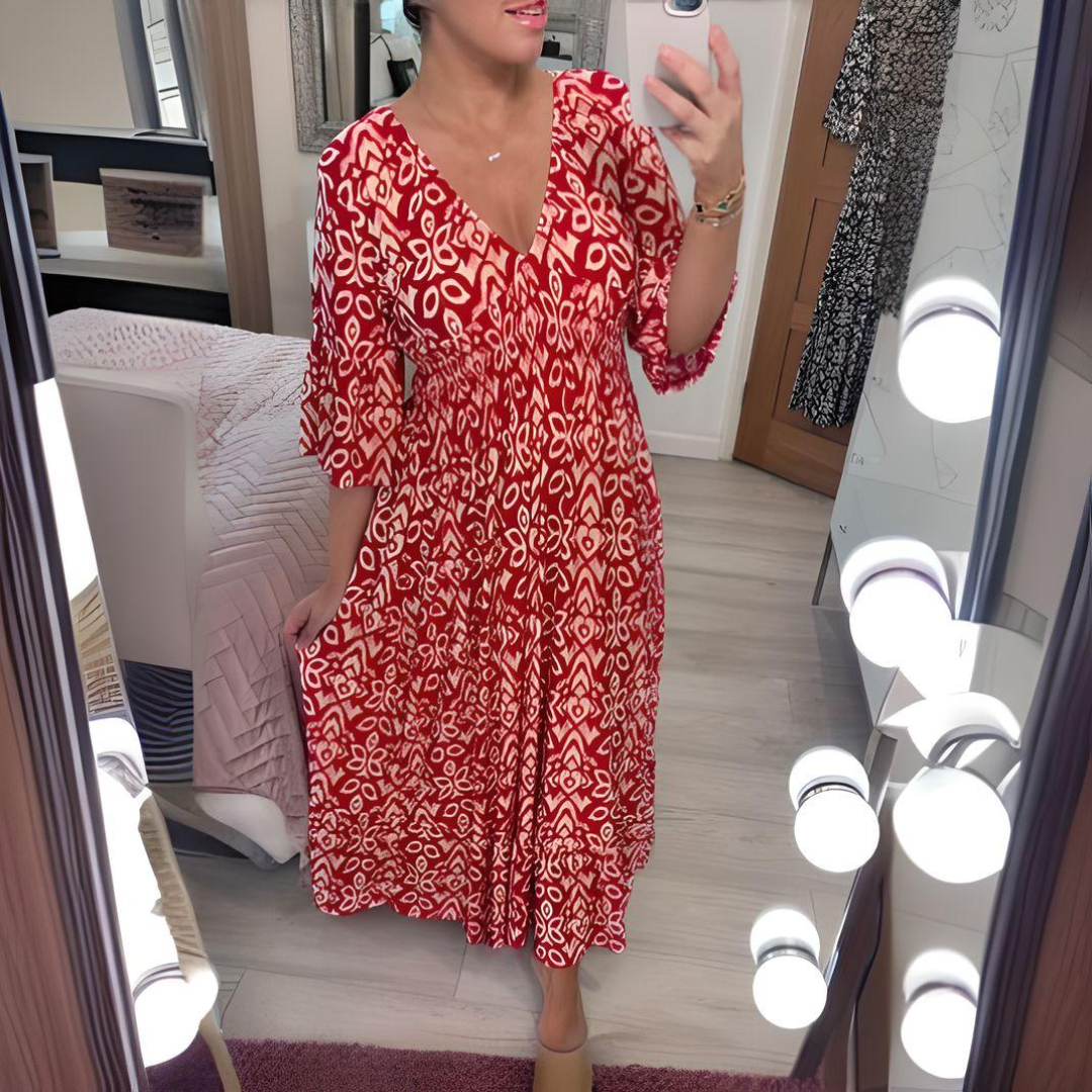 Boho-Kleid Knöchellang V-Ausschnitt Grafik-Print