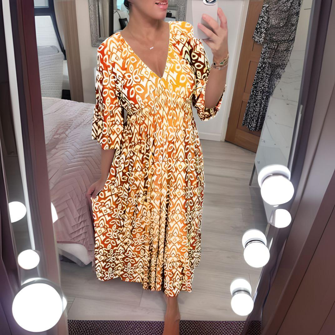 Boho-Kleid Knöchellang V-Ausschnitt Grafik-Print - BerlinGlamour
