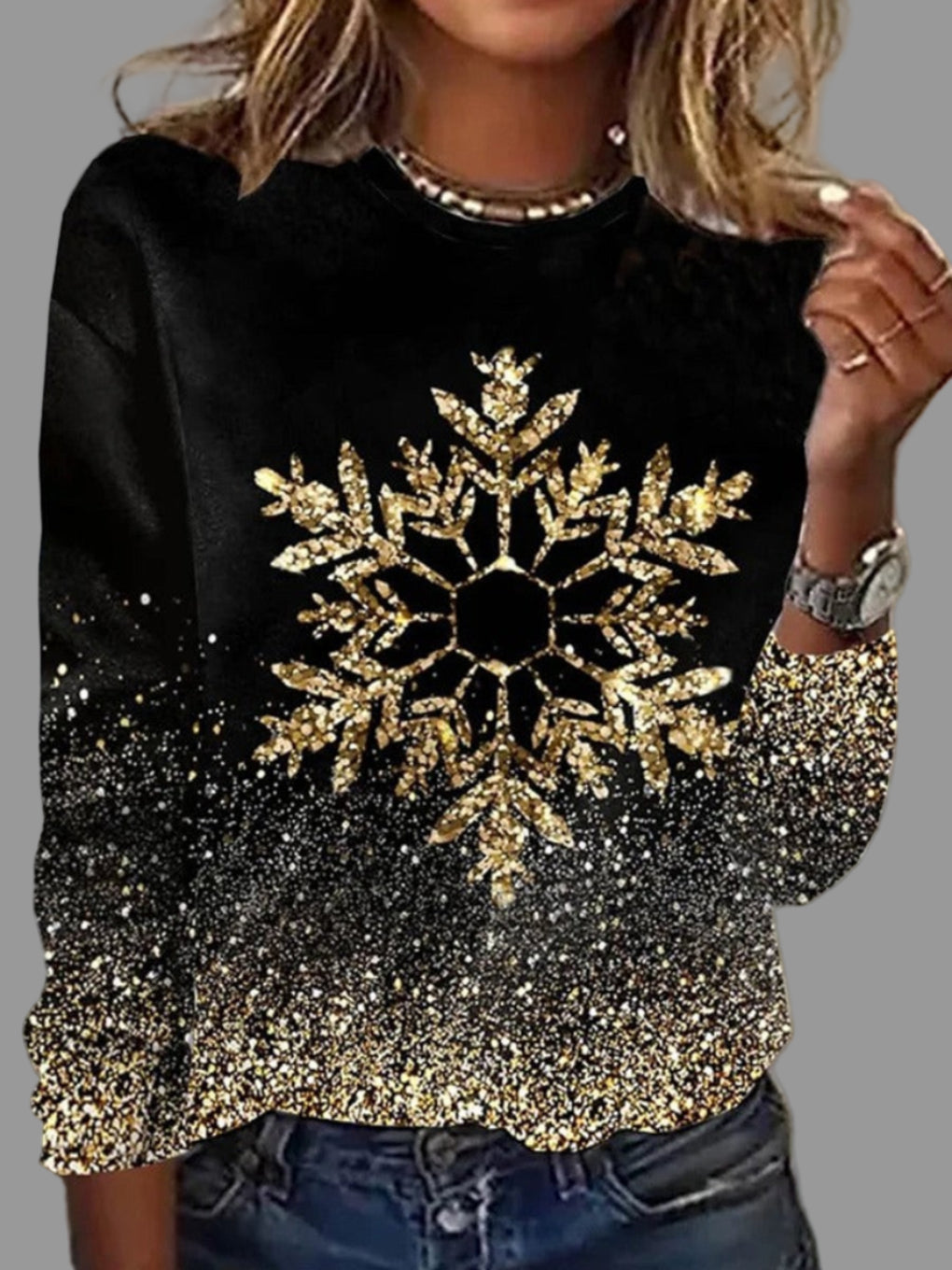 Damen Weihnachtspullover Gold Schneeflocken Festlich - BerlinGlamour