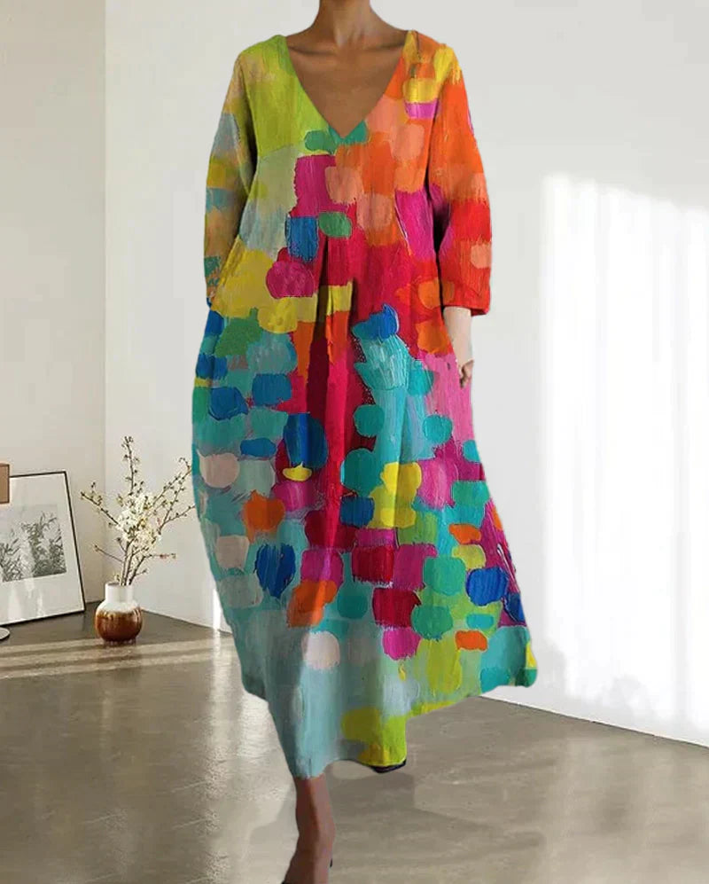 Buntes Sommerkleid V-Ausschnitt Partykleid Farbenfroh