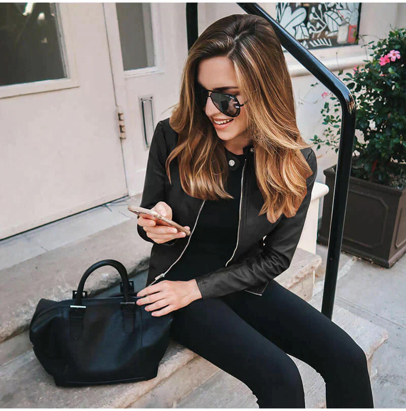 Leder Bikerjacke Italienisch Schwarz Damen - BerlinGlamour