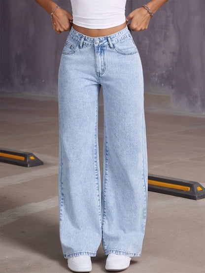 Hohe Taille Damenjeans Weite Bein Spitzen Detail