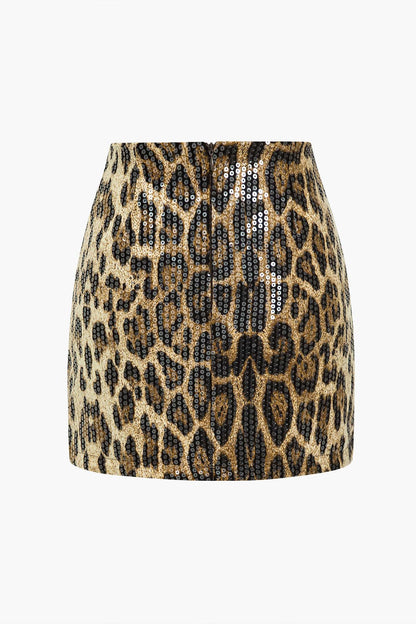 Glamouröser Minirock Pailletten Leopard-Print Damenrock