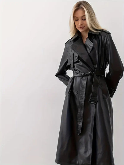 Damen Trenchcoat Lang Gürtetragend Kunstleder Schwarz