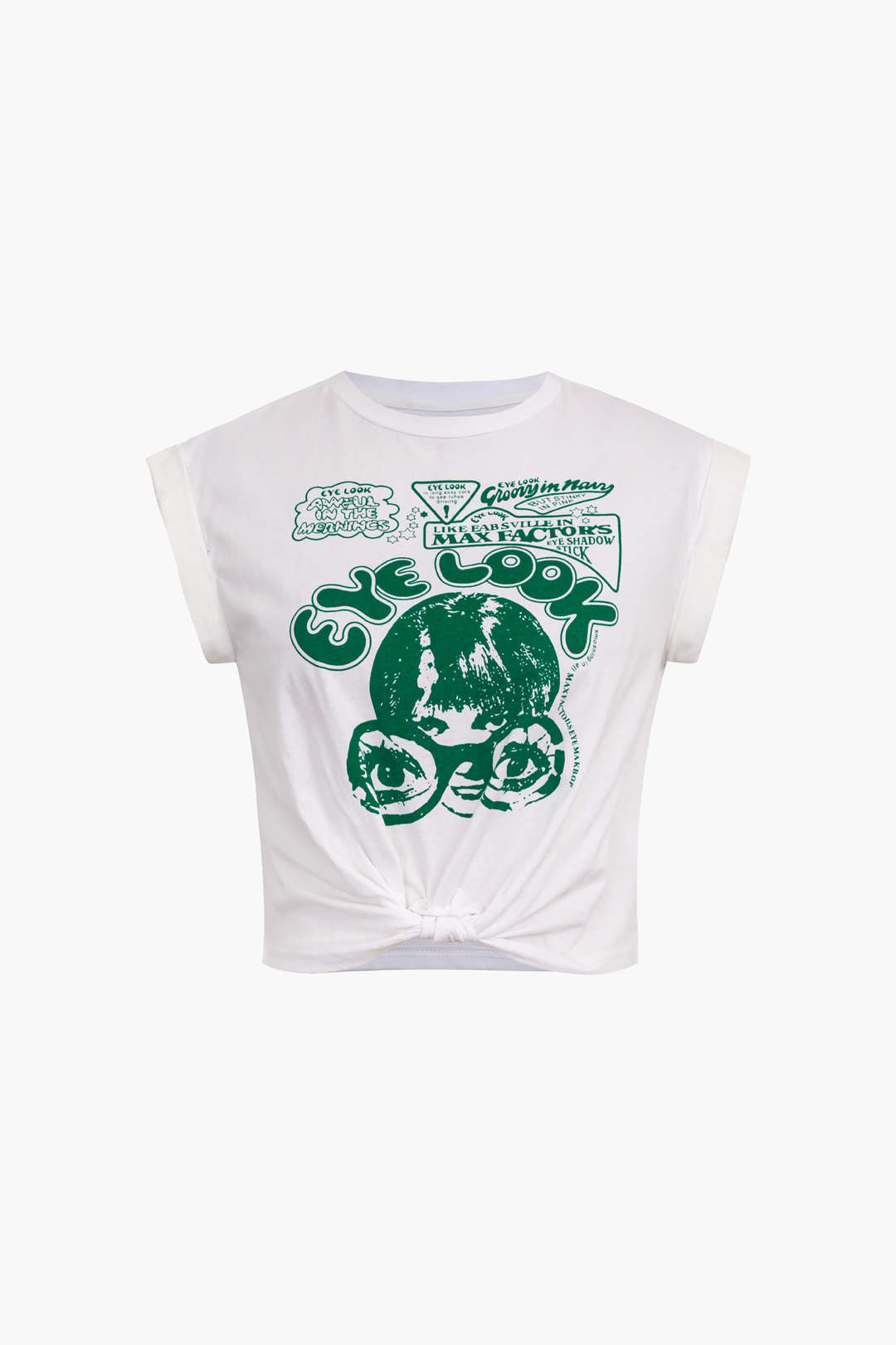 Crop-T-Shirt Damen Grafikdruck Hochgekrempelte Ärmel Knoten Detail