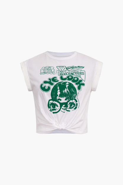Crop-T-Shirt Damen Grafikdruck Hochgekrempelte Ärmel Knoten Detail
