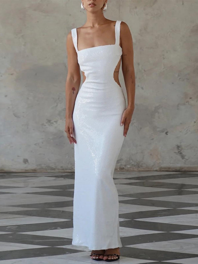 BerlinGlamour Glitzer-Neckholderkleid mit quadratischem Ausschnitt und offenem Rücken