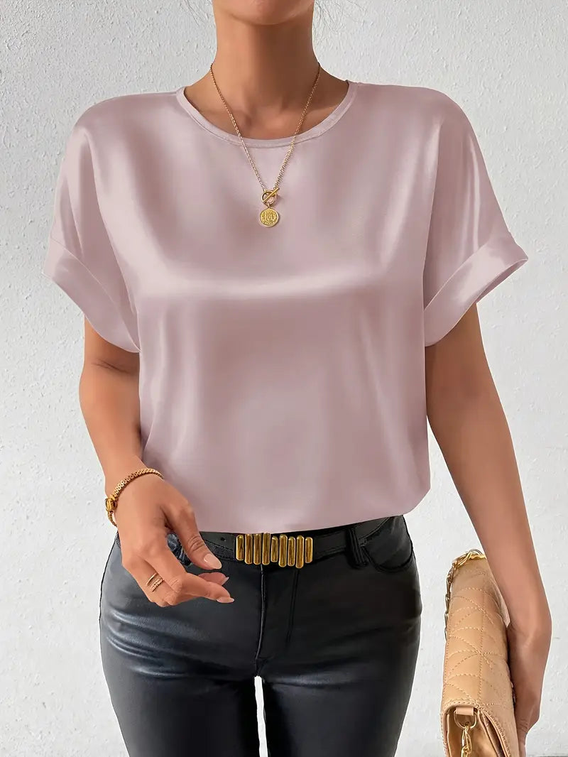 Damen T-Shirt Satin Optik Umschlag Ärmel Elegantes Design