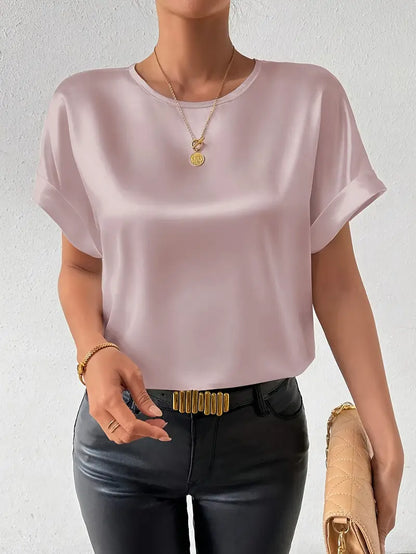 Damen T-Shirt Satin Optik Umschlag Ärmel Elegantes Design