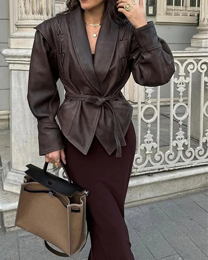 Lederjacke Lange Ärmel Schwarz Ledermantel Damen