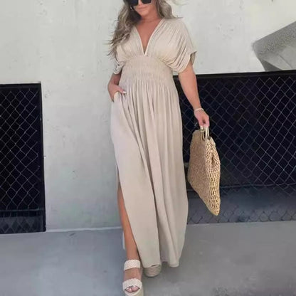 Langes Damen Maxikleid Sommer Boho Strandkleid mit V-Ausschnitt