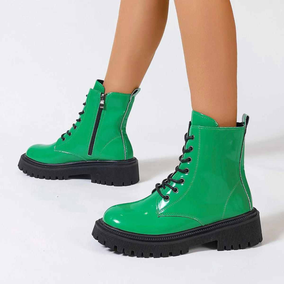 Damenstiefel Glänzendes Leder Reißverschluss Schwarz