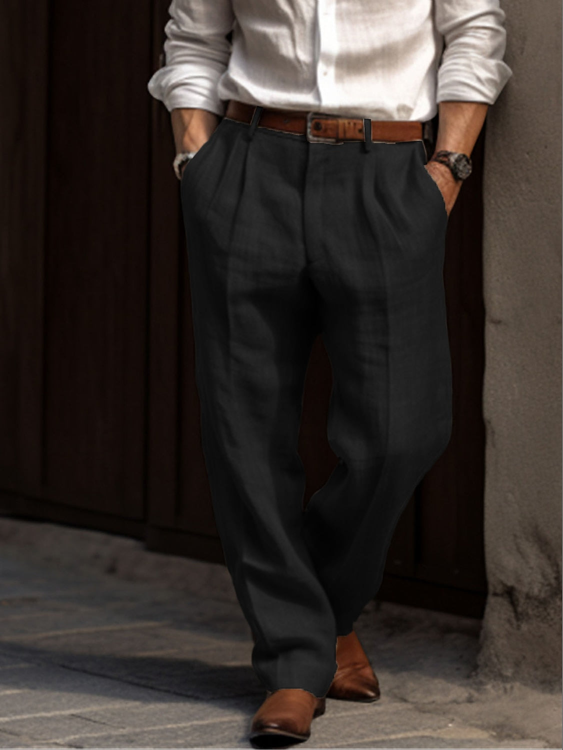 Herren Leinenhose Plissiert Bequem Sommer