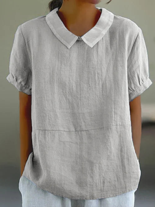 Elegante Damenbluse Leinen Puffärmel Kragen Sommer