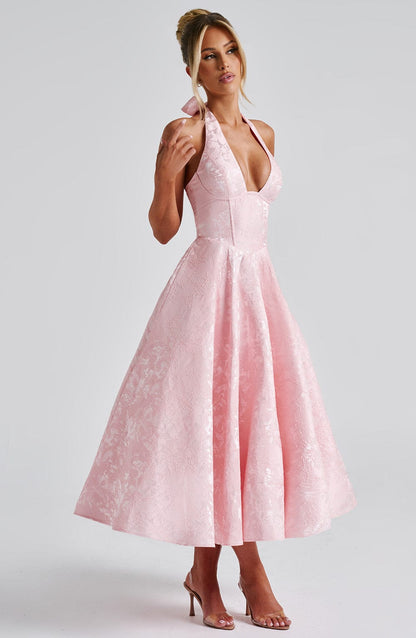 Damen Kleid Midi Halterneck Hochzeitsgast Kleid Elegant