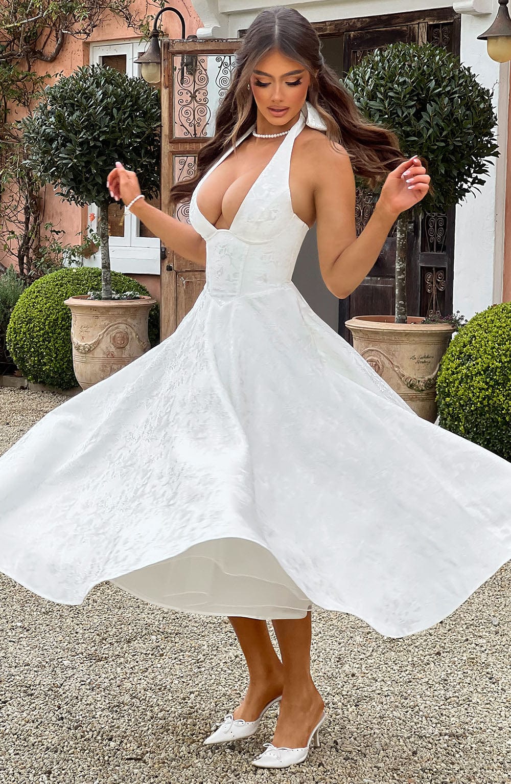 Damen Kleid Midi Halterneck Hochzeitsgast Kleid Elegant