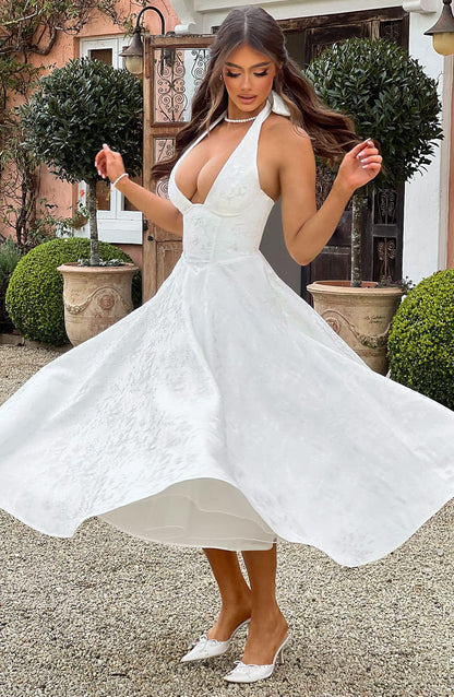 Damen Kleid Midi Halterneck Hochzeitsgast Kleid Elegant