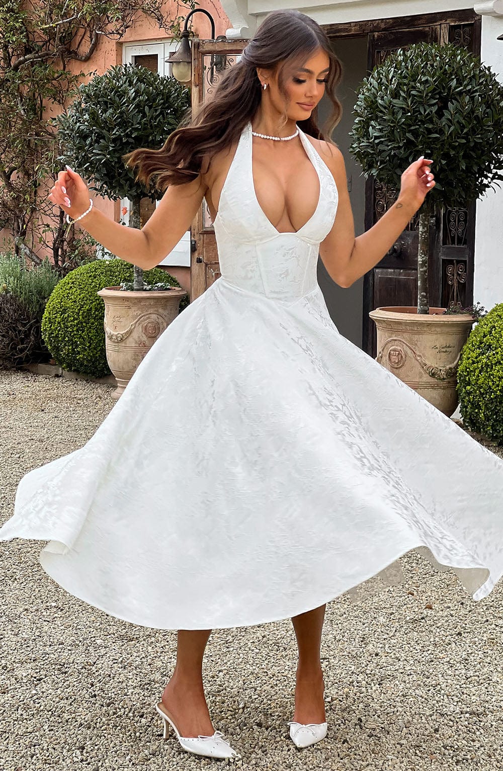 Damen Kleid Midi Halterneck Hochzeitsgast Kleid Elegant