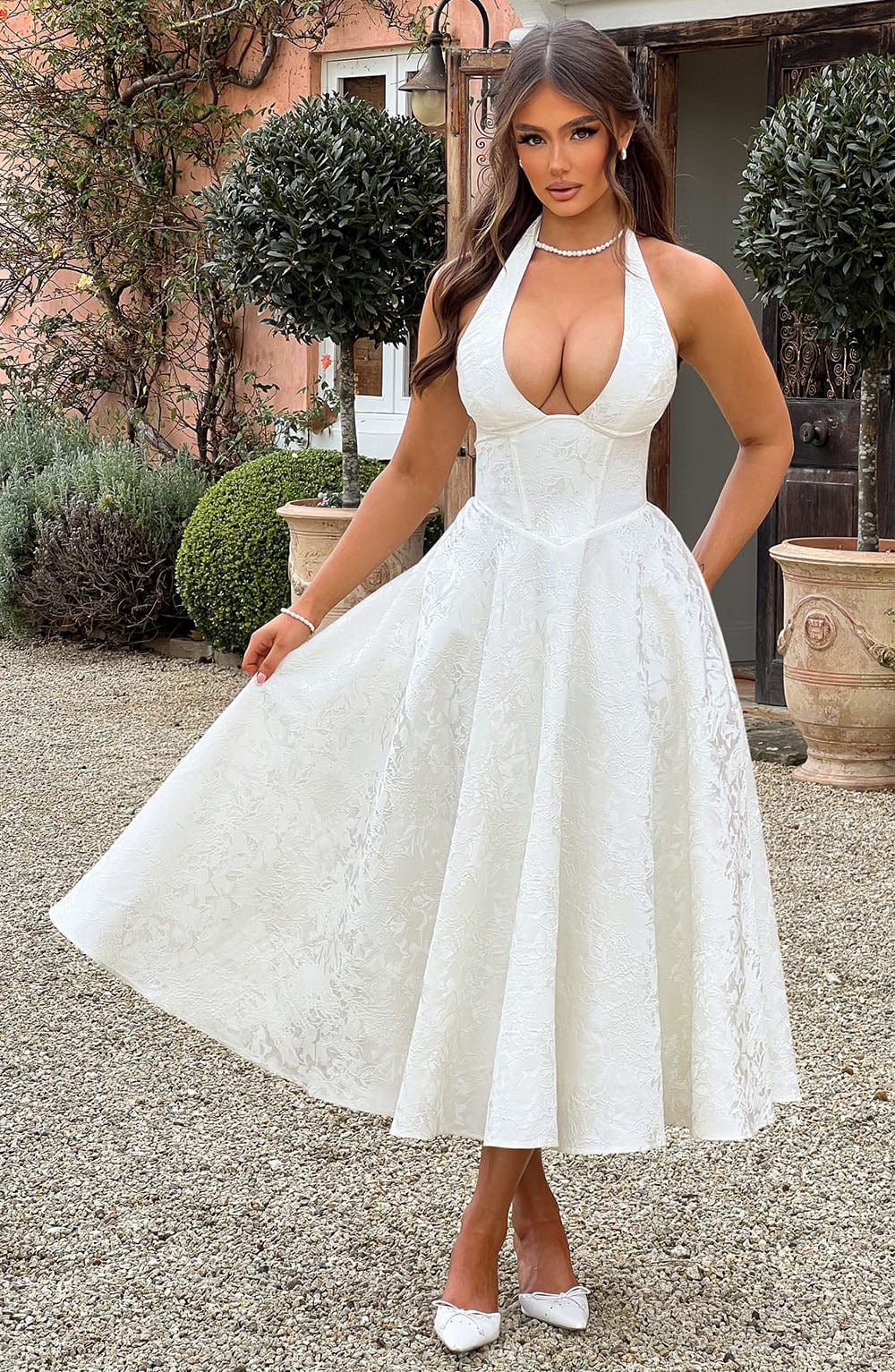 Damen Kleid Midi Halterneck Hochzeitsgast Kleid Elegant