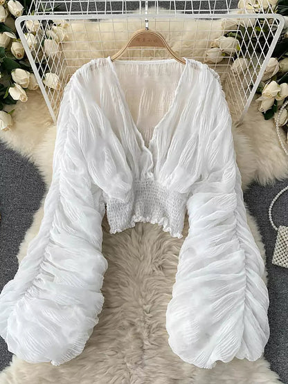 Elegante Damen Tops Chiffon Kurz Ärmel Mit V Ausschnitt