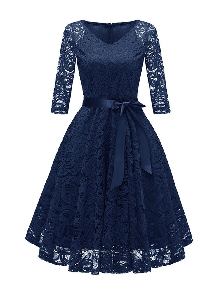 Elegantes Abendkleid V-Ausschnitt Spitze Schwarz