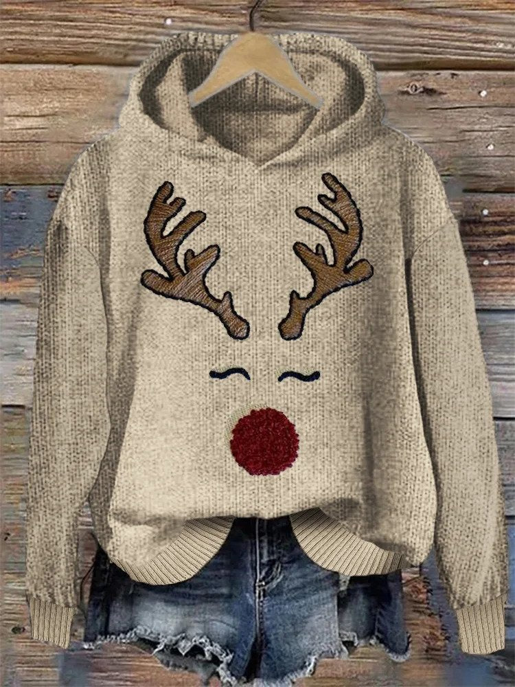 BerlinGlamour: Bequemer Strick-Hoodie mit Weihnachts-Rentier-Gesichts-Stickerei