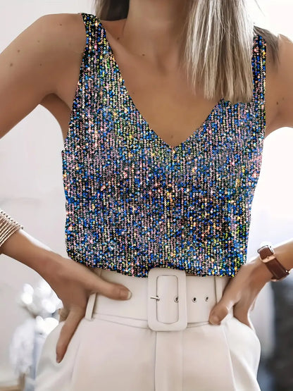 Elegantes Pailletten Top Ärmellos Damen Oberteil Glitzer