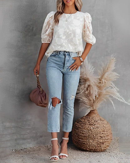 Chiffon Bluse Puffärmel Damen Elegant
