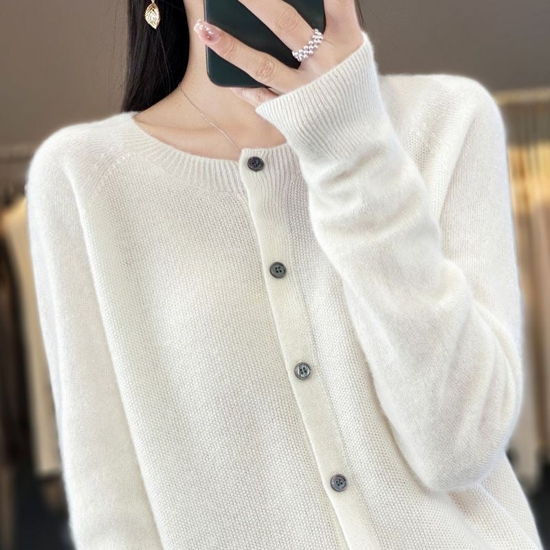 Damen Strickjacke Merino Wolle Rundhals Langärmlig