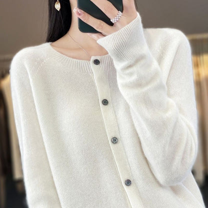 Damen Strickjacke Merino Wolle Rundhals Langärmlig