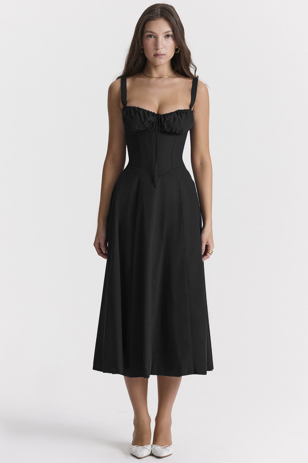 Schwarzes Midikleid mit Trägern A-Linie Damenkleid