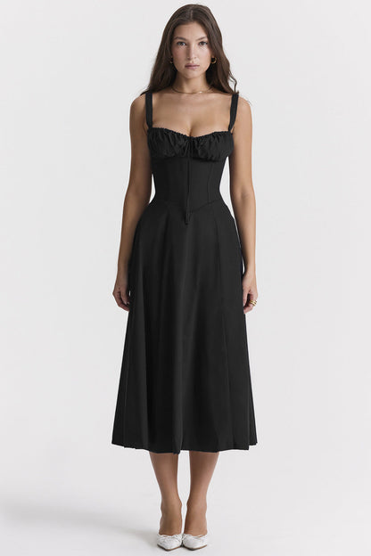 Schwarzes Midikleid mit Trägern A-Linie Damenkleid