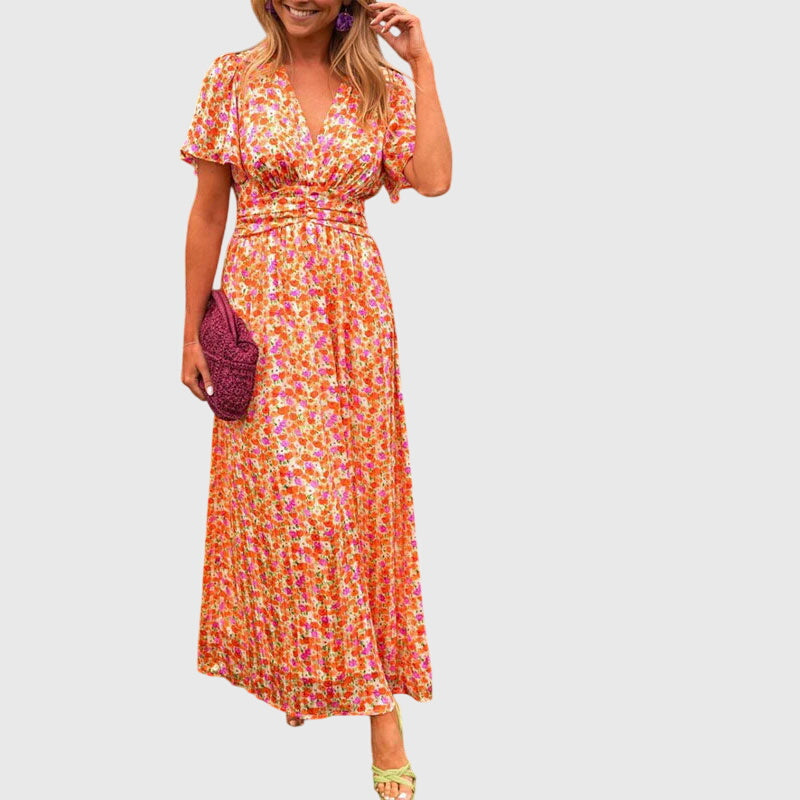 Damen Maxikleid Blumenmuster Sommer Kurzärmlig