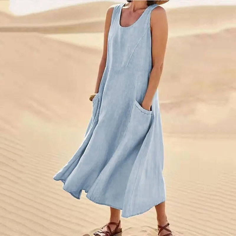 Leinenkleid Damen Ärmellos Sommerkleid mit Taschen