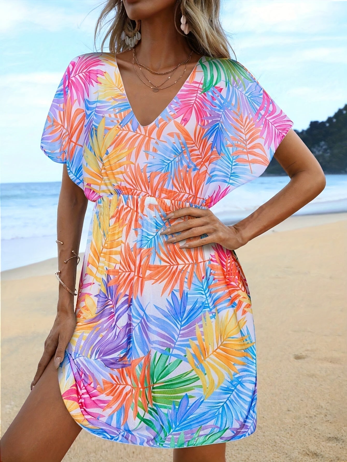 Boho Strandkleid mit V-Ausschnitt und Blumenmuster