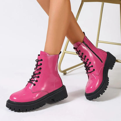 Damenstiefel Glänzendes Leder Reißverschluss Schwarz