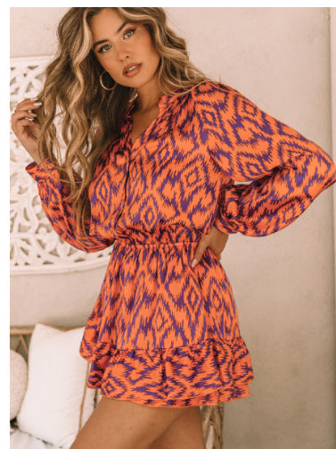 BerlinGlamour Langarmkleid mit Stehkragen, elastischer Taille und Druck