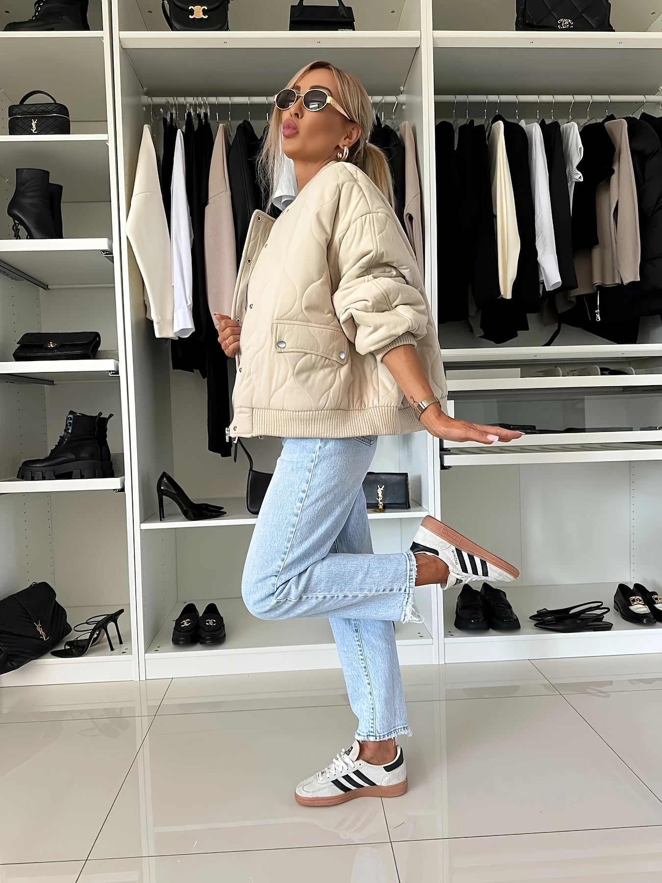 Pufferjacke Damen Gequiltet Warmer Reverskragen Herbstjacke