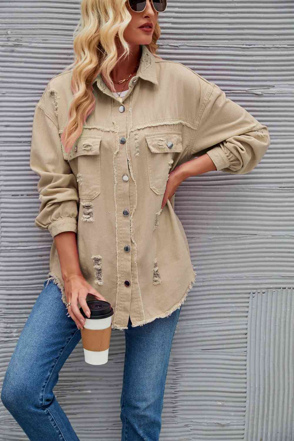 Rohsaum Denimjacke Zerrissen Trendig Frauenjacke