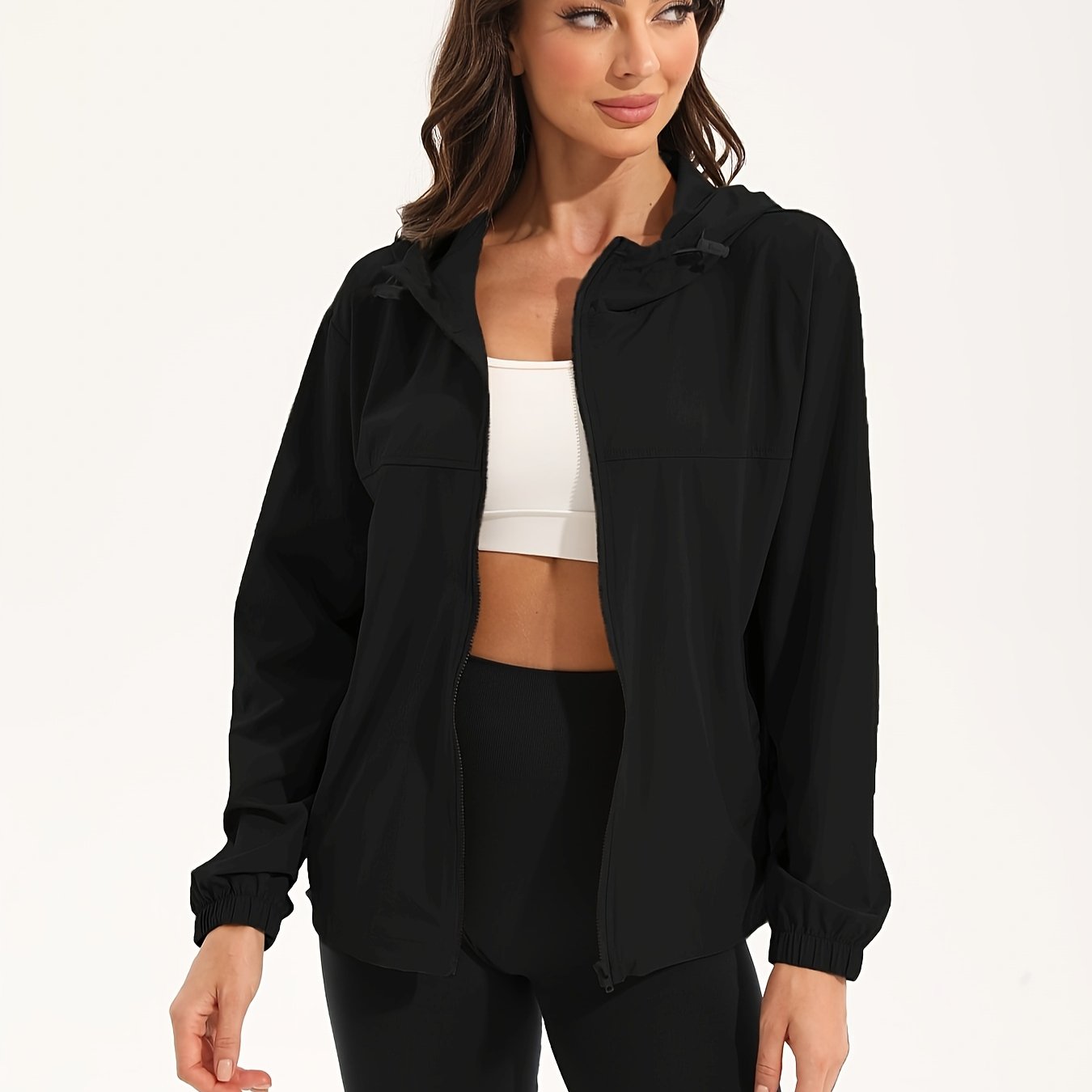 Wasserabweisende Frauen Sportjacke mit Kapuze Schwarz