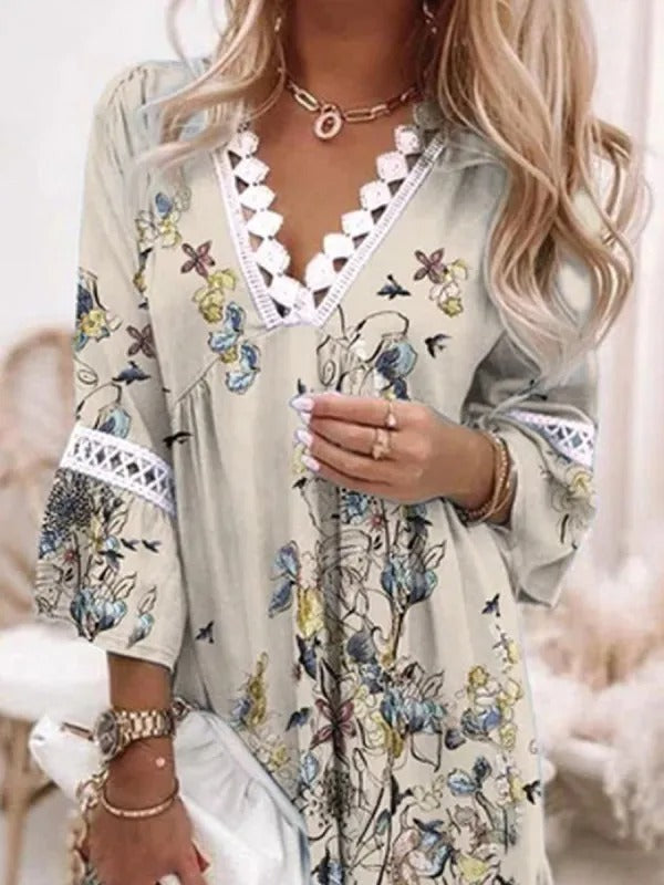 Blumenmuster-Tunika mit Spitze - Bohemian Damenkleid