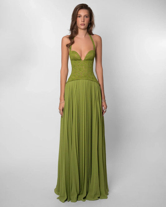 Grünes Maxikleid mit Korsett-Oberteil und Plisserock Damen - BerlinGlamour