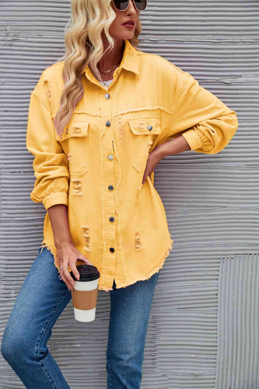 Rohsaum Denimjacke Zerrissen Trendig Frauenjacke