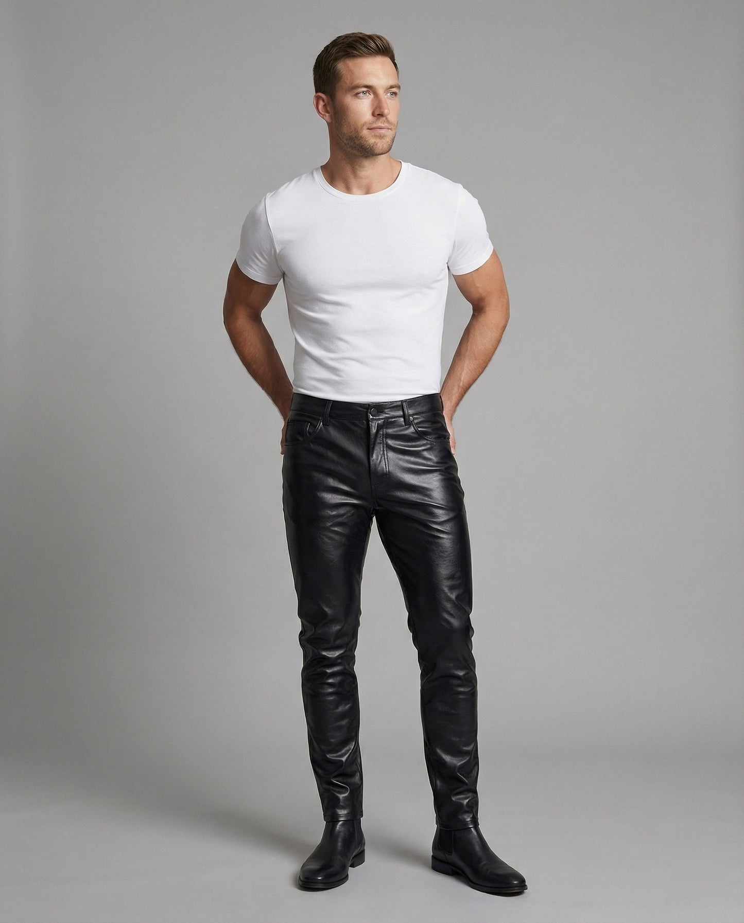 Herren Slimfit Hose Kunstleder Steppdetails Schwarz